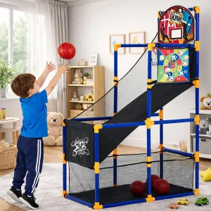 2-in-1 Kids Basketball Hoop with Ball Return Ramp