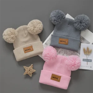 Baby Knit Beanies with Heart Pom-Poms, 3 Pack